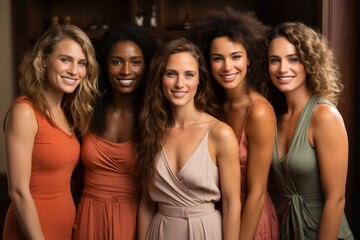 Obraz premium Half-length portrait of five cheerful young diverse multiethnic women indoors. Female friends in beautiful dresses smiling at camera while posing together. Diversity, beauty, friendship concept.