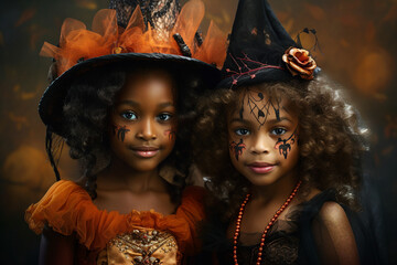 Generative AI image of adorable child in witch costume on halloween festival lights dark background