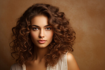 Fototapeta premium Generative AI picture of Young beautiful girl model demonstrating perfect styling curly hair