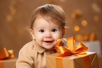 Fototapeta na wymiar AI generated photo image of happy adorable baby with new year gift xmas garlands background