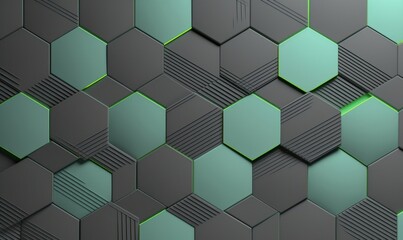 Gray geometric seamless pattern with light green stripes. Hexagon tiles with relief materials. 3D render, Generative AI