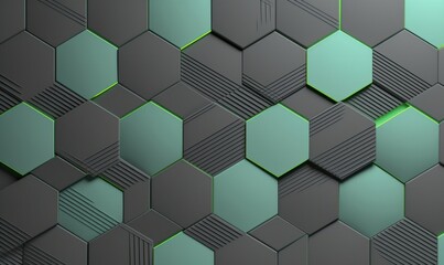 Fototapeta premium Gray geometric seamless pattern with light green stripes. Hexagon tiles with relief materials. 3D render, Generative AI