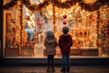 Generative AI image of beautiful child in new year atmosphere city looking on bright christmas garland - obrazy, fototapety, plakaty
