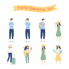 Set of Tourist characters Concept, Male and Female Traveling Activity, Young couple traveling with backpacks, People walk with phone and map in vacation trip isolated vector Illustration collection