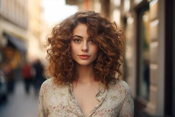Generative AI illustration of young girl with curly hair traveling go shopping abroad - obrazy, fototapety, plakaty