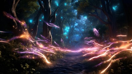 Luminous Firefly Trails: A Whimsical Scene with Luminous Fireflies Illuminating the Night