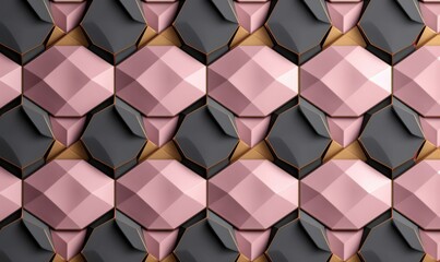Geometric seamless pattern in pink and gray with golden decor. Hexagon tiles with relief materials. 3D render, Generative AI