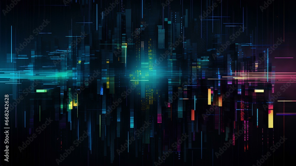 Wall mural Digital glitch on a dark background. abstract digital pixels in shades of neon colors. futuristic and cyberpunk theme wallpaper. generative AI