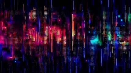 Digital glitch on a dark background. abstract digital pixels in shades of neon colors. futuristic and cyberpunk theme wallpaper. generative AI - obrazy, fototapety, plakaty