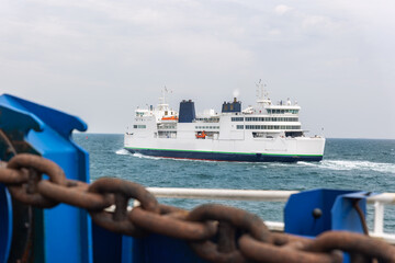 Big modern shuttle passenger freight cargo ferry boat vessel ship with loaded cars and vehicles...