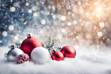 Naklejka na ściany i meble Snowy Christmas winter background landscape with Christmas baubles. Christmas card concept. Copy space.
