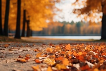 Orange maple leaves on the ground with a bokeh effect defocused background, Generative AI