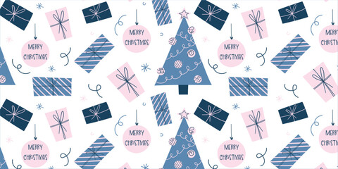 Christmas seamless pattern, holiday covers. Modern Xmas design with gifts, balls and Christmas tree pattern in blue and pink colors in naive style. Stylish festive ornate seamless pattern