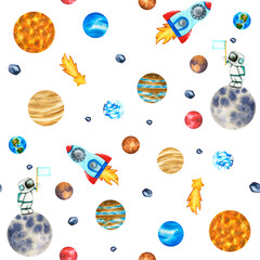 Seamless pattern galaxy with planets clip art. Cute Astronaut and rocket in space isolated on white background. Watercolor Illustration of outer space with stars