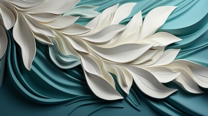 A mesmerizing masterpiece of fluid blue and white, capturing the wild beauty of paper cut out leaves through the art of painting