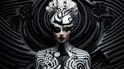 A vivacious woman transforms into a living canvas, her body a whimsical blend of art and fashion in...