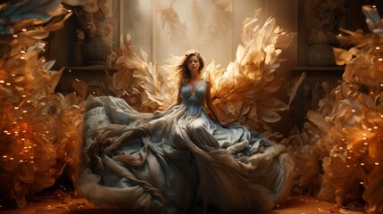A majestic art installation of a woman, adorned in a flowing dress and delicate wings, gracefully takes flight indoors, evoking feelings of freedom, beauty, and ethereal wonder - Powered by Adobe