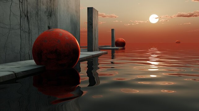 As fiery red sun sinks below horizon, its reflection dances on serene surface of lake, casting a warm glow over outdoor landscape and illuminating floating red balls scattered across water