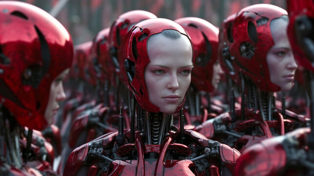 a futuristic war, robots, humanoid android machines robots, red metallic bodies, human face, clones or copies, female soldiers as weapon technology