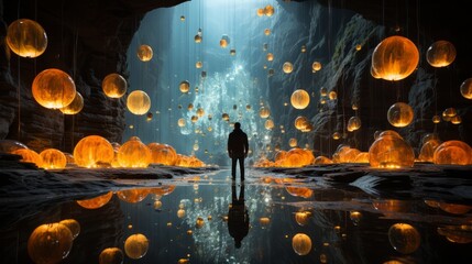 In the depths of a cave at night, a lone figure is bathed in the ethereal glow of shimmering orbs hanging from the ceiling, creating a surreal and otherworldly scene
