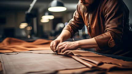 Tailor cobbler hold different rolls natural brown leather, working with textile in workshop.