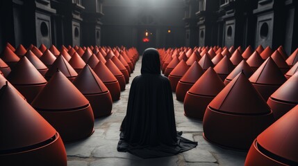 A solitary figure, cloaked in darkness, surrounded by a sea of vibrant red cones, trapped in an indoor maze of their own making - obrazy, fototapety, plakaty