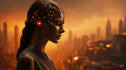 A mysterious woman adorned in a metallic headpiece emerges from the fog, a striking figure against the backdrop of the bustling city - obrazy, fototapety, plakaty