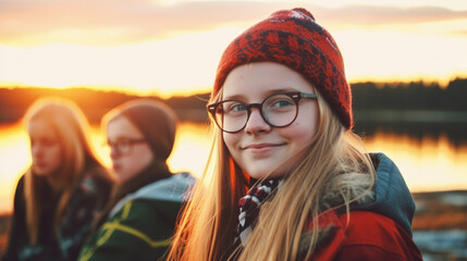 Young girl in red hat by lakeside with friends, smiling and enjoying nature, age undetermined, serene and picturesque setting, happiness and contentment - obrazy, fototapety, plakaty