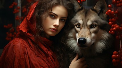 A fierce woman adorned in a striking red cape gracefully commands the attention of a loyal wolf, both exuding a sense of untamed fashion and captivating intensity within the walls of an indoor space