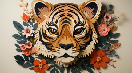 Obraz premium Vibrant petals burst forth from the fierce tiger's paper-cut visage, creating a captivating fusion of nature and art
