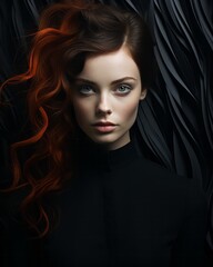 A fierce fashion woman with flowing red locks and bold dark lipstick gazes through long eyelashes, her portrait exuding confidence and mystery