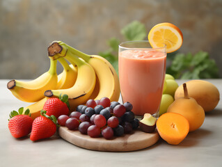 A purple fruit smoothie surrounded by fruit. Perfect for highlighting healthy drinks and summer refreshments.
