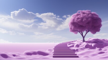 A solitary tree stands tall amidst a vast desert landscape, its vibrant violet leaves reaching...