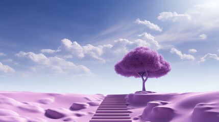 A vibrant journey awaits as a stairway to the heavens leads to a majestic tree, surrounded by a...