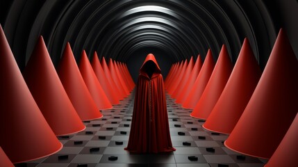 A solitary figure cloaked in crimson stands among a sea of fiery cones, their enigmatic presence adding a burst of passion to the stark, minimalist room