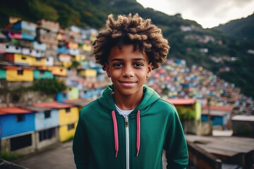 Smiling African American boy against the backdrop of mountains and favelas. - obrazy, fototapety, plakaty