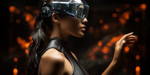 Super sexy Model Frau mit schwarzen Leder und Lack Designer Kleidung und futuristischer Cyberspace Brille, ai generativ - obrazy, fototapety, plakaty