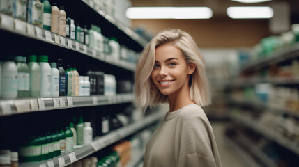 Young blonde woman happily shops for hair care products in store aisle