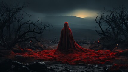 A solitary figure in a red robe stands amidst the misty sky, their silhouette blending into the fog as the moon rises above the tree-lined landscape at sunset, embracing the untamed beauty of nature
