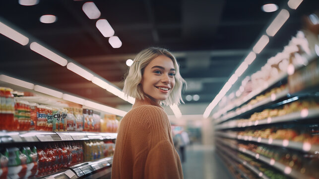 Young woman shops for groceries with a bright smile in a well-stocked store