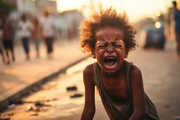 crying boy on the street of a poor city in Latin America. - obrazy, fototapety, plakaty