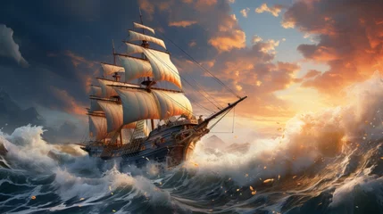  A majestic ship glides through the vast ocean, its billowing sails reaching towards the endless sky, a symbol of freedom and adventure on the open waters © Envision