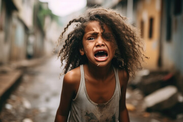 crying sad girl with curly hair on the street of a poor city. - obrazy, fototapety, plakaty