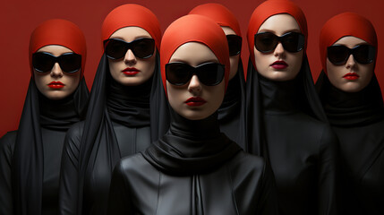 Boldly adorned in sunglasses and headscarves, a fierce group of women exude confidence and style, daring to challenge societal norms and embrace their unique fashion choices