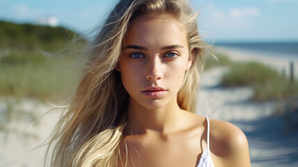 Fototapeta premium Young blonde woman with blue eyes enjoys a peaceful beach moment of contemplation