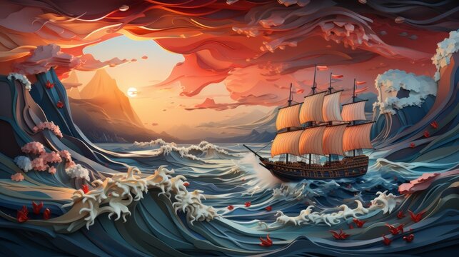 An ethereal painting captures the tumultuous journey of a majestic ship, its intricate details and bold strokes bringing the transport to life on the vast and ever-changing canvas of the ocean