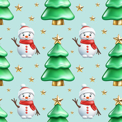 Seamless pattern of realistic 3d cartoon green Christmas tree, cute snowman, golden star. Winter holiday symbol. Happy New Year vector illustration for greeting card, wallpaper, wrapping paper, fabric