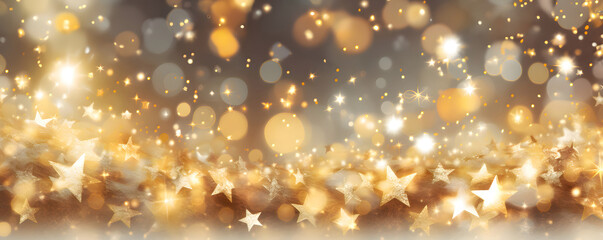 Fototapeta na wymiar Christmas gold stars, glitter and lights banner background - festive celebration theme