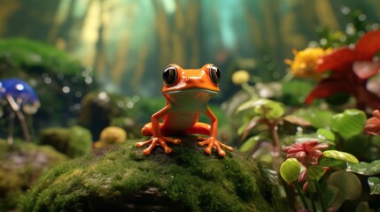 Rainforest Frog: A Tiny and Brilliantly Colored Frog in the Rainforest - obrazy, fototapety, plakaty