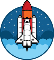 Space rocket launch. Rocket ship retro vintage vector illustration.